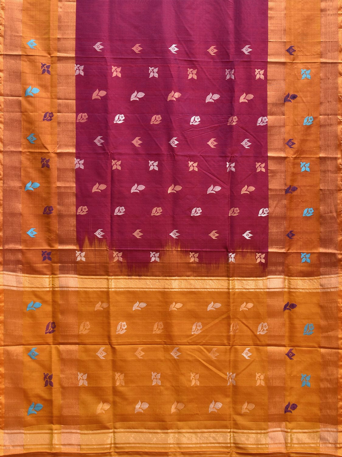 Wine and Mustard Uppada Silk Handloom Saree with Body Buta Design u2308