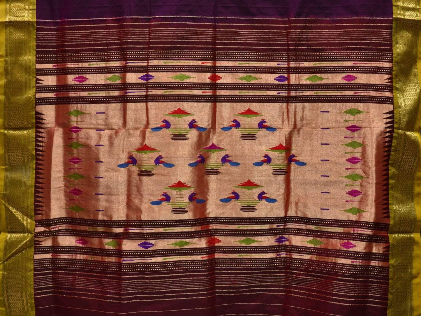 Wine and Olive Paithani Silk Handloom Saree with Double Pallu Design p0395