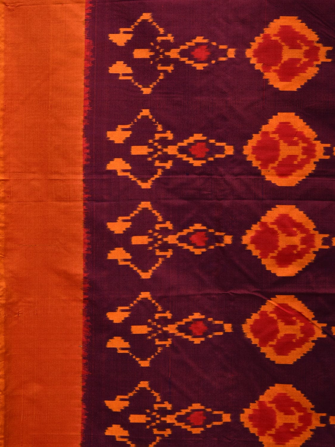 Wine and Orange Pochampally Ikat Silk Handloom Saree with Checks Pallu and Half Design i0699