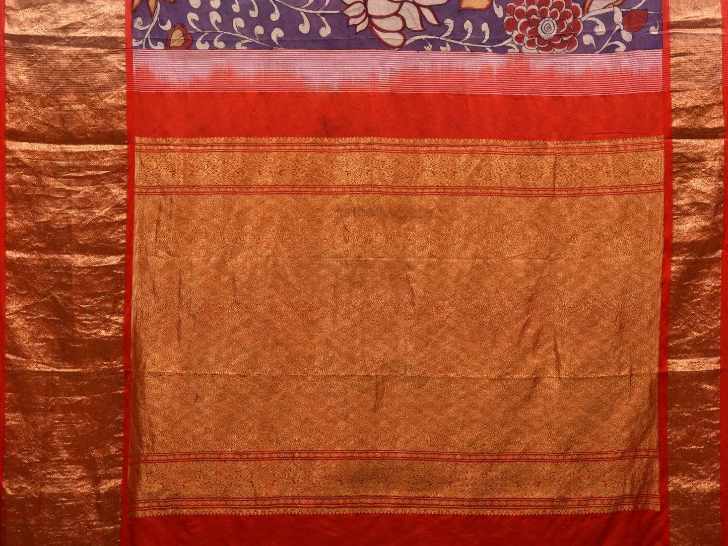 Wine and Red Kalamkari Hand Painted Kanchipuram Silk Handloom Saree with Floral Design KL0625