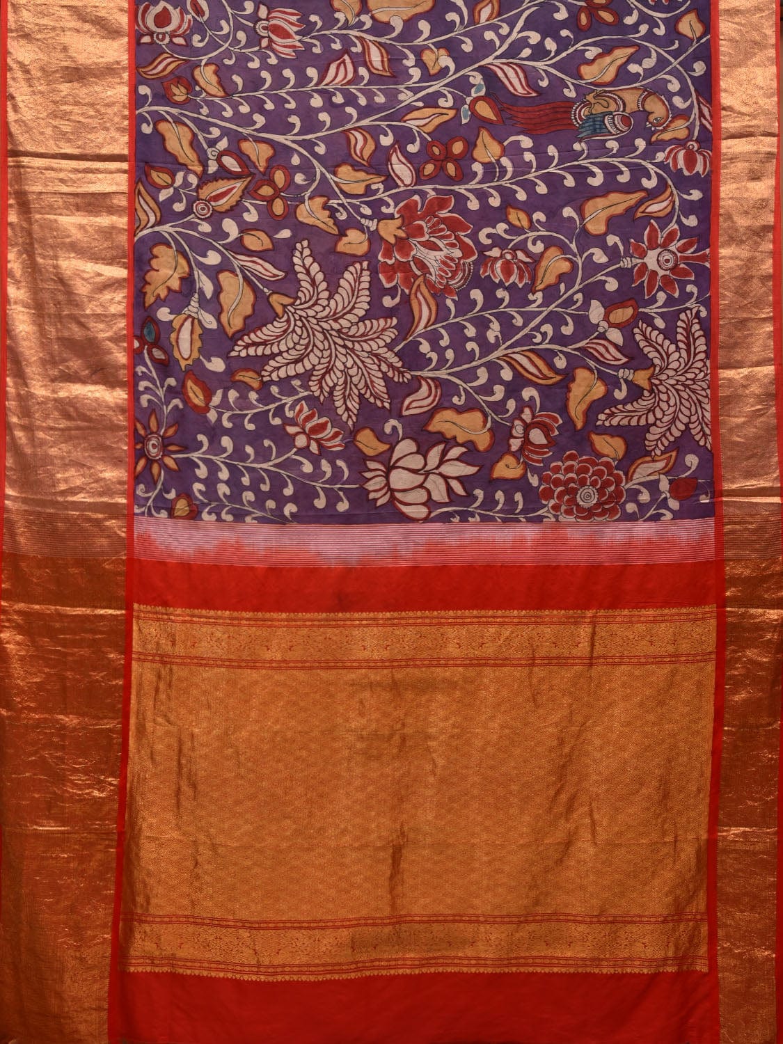 Wine and Red Kalamkari Hand Painted Kanchipuram Silk Handloom Saree with Floral Design KL0625