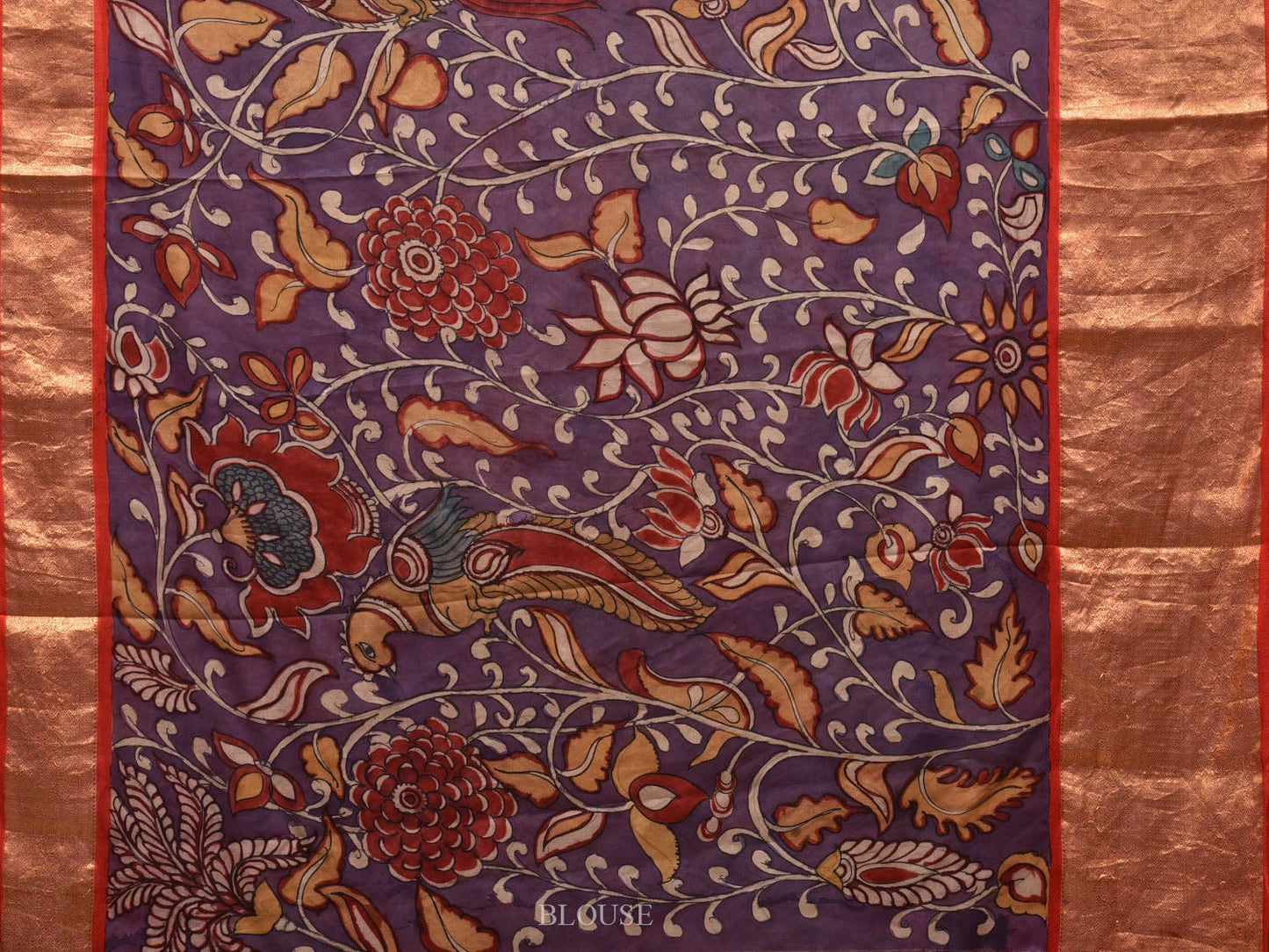Wine and Red Kalamkari Hand Painted Kanchipuram Silk Handloom Saree with Floral Design KL0625