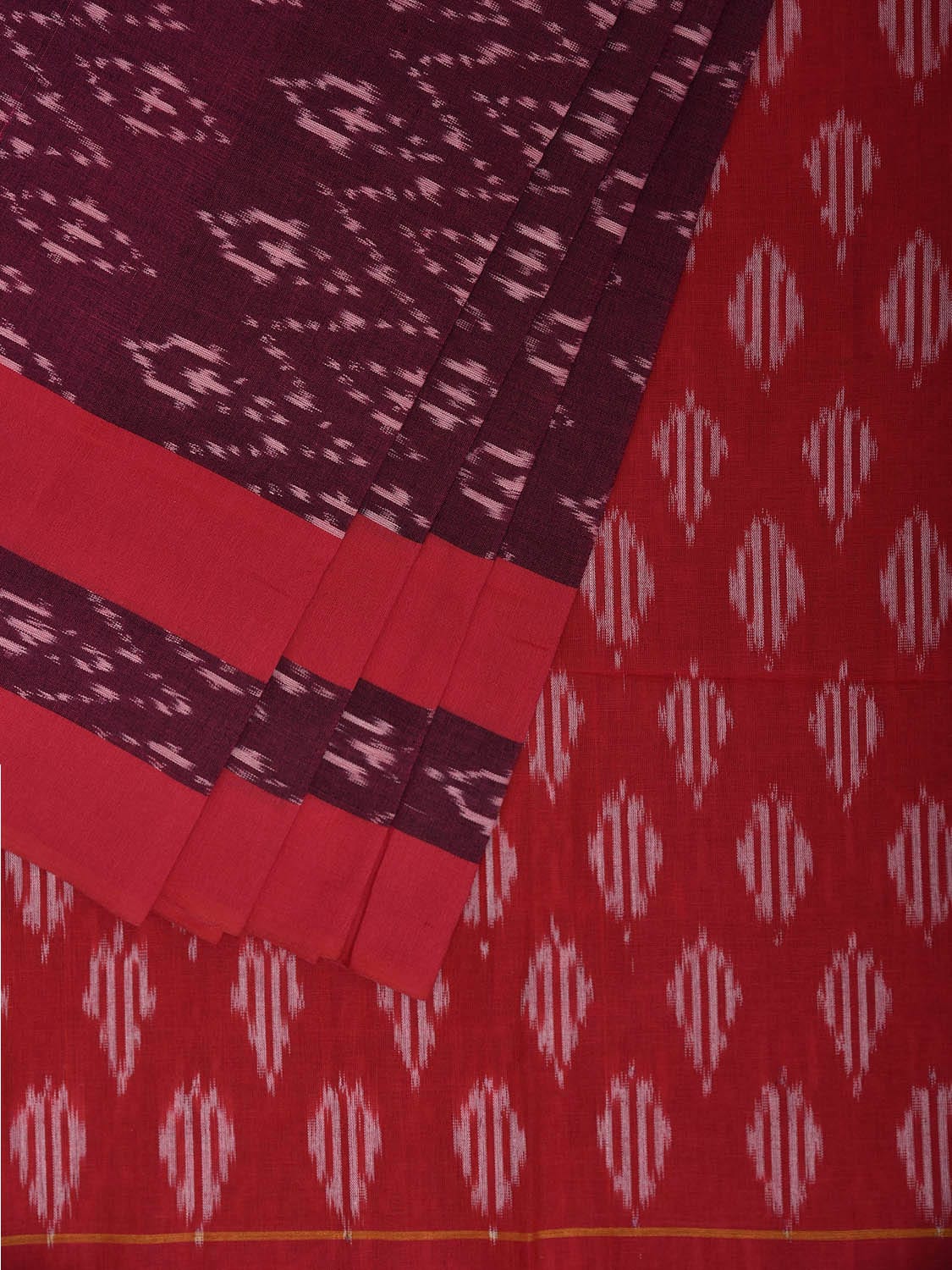 Wine and Red Pochampally Ikat Cotton Handloom Saree with Zig-Zag Design No Blouse i0975