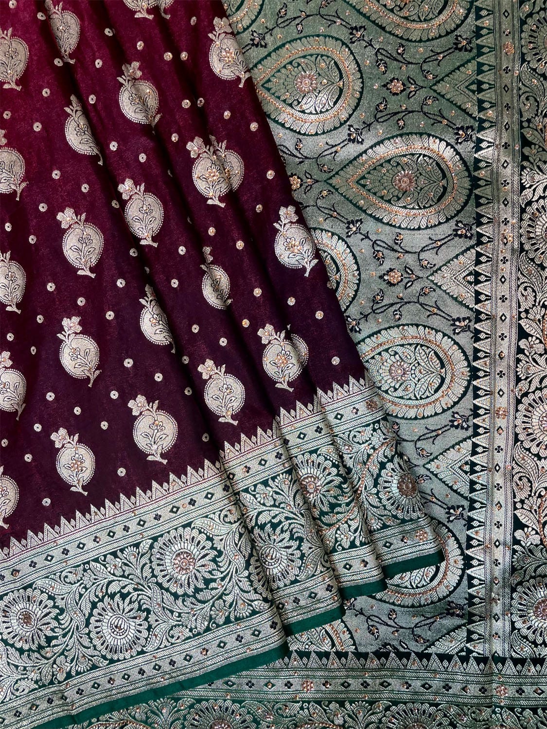 Wine Banaras Katan Silk Saree with Body Butti and Border Design b0365s