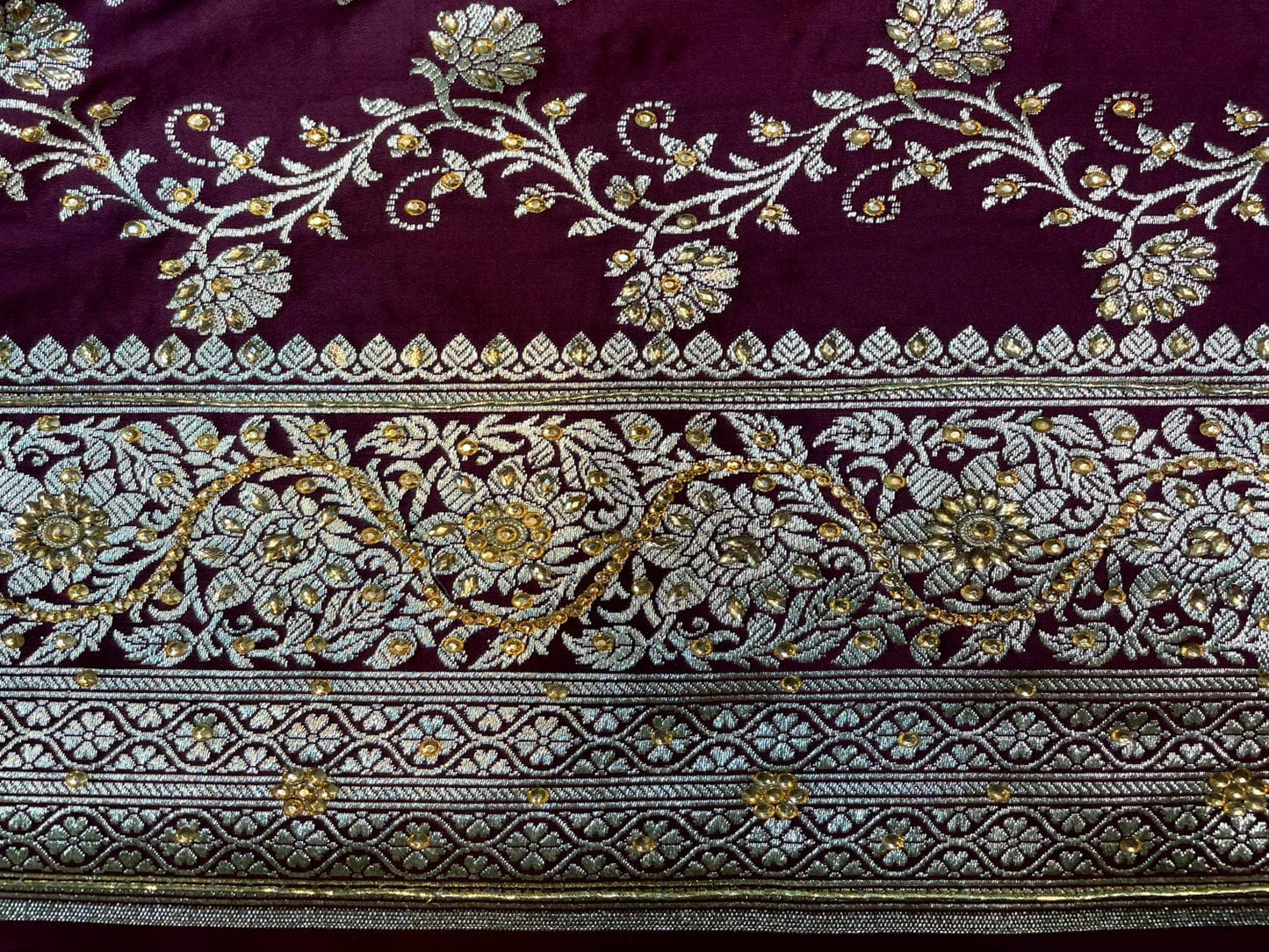 Wine Banaras Katan Silk Saree with Body Butti and Stone Work Design b0373ds