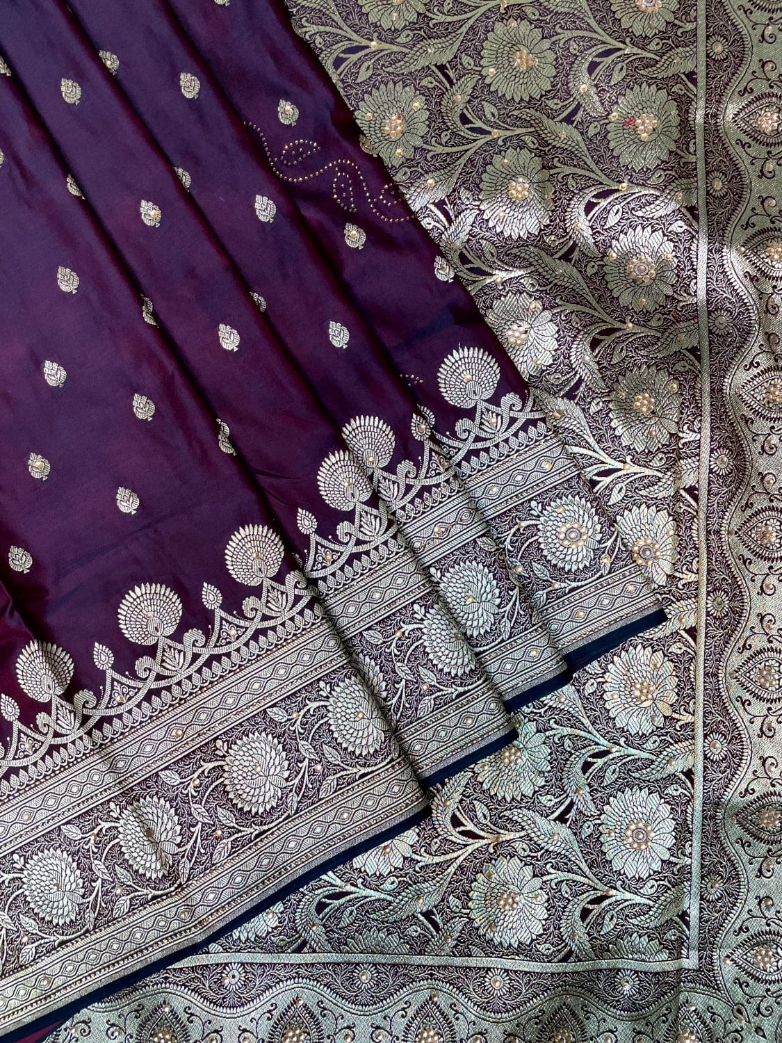 Wine Banaras Katan Silk Saree with Body Butti and Work Design b0385ds