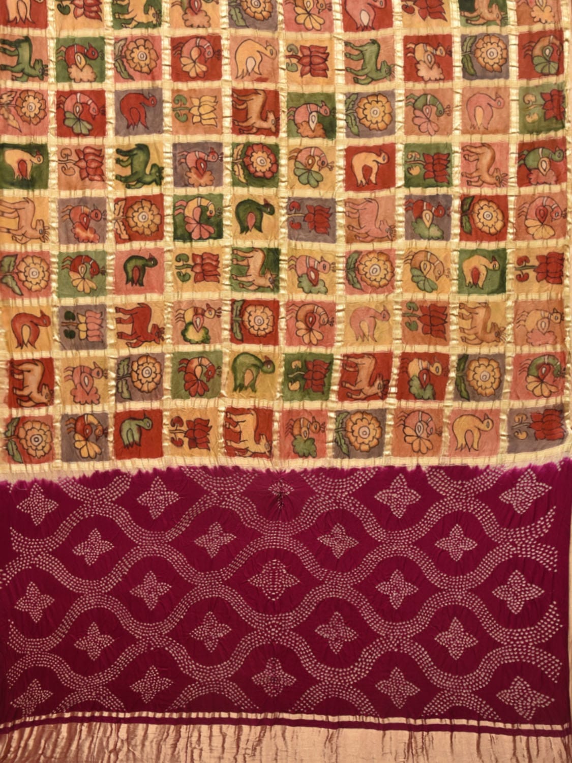 Wine Bandhani Kanchipuram Silk Handloom Saree with All Over Checks and Kalamkari Design bn0485