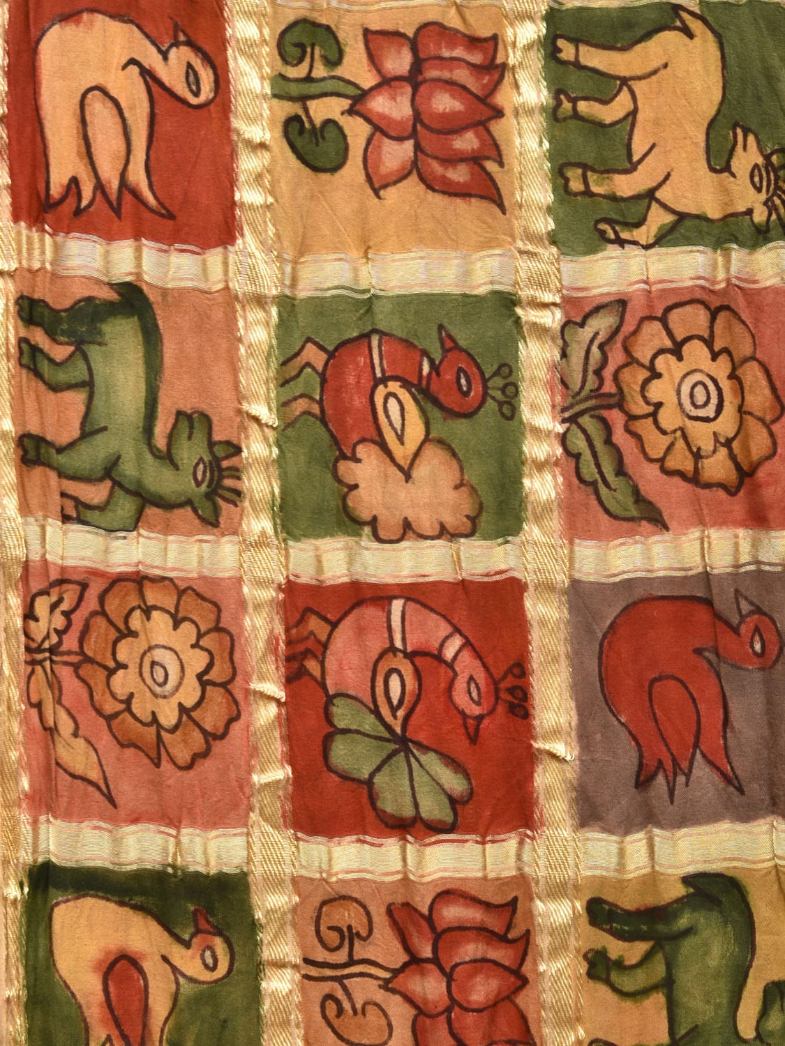 Wine Bandhani Kanchipuram Silk Handloom Saree with All Over Checks and Kalamkari Design bn0485