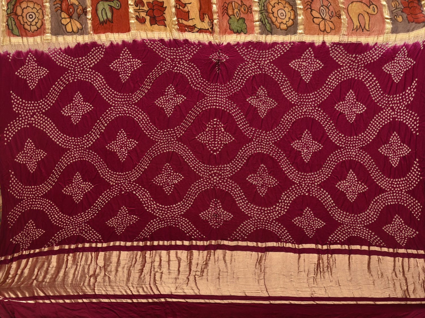 Wine Bandhani Kanchipuram Silk Handloom Saree with All Over Checks and Kalamkari Design bn0485