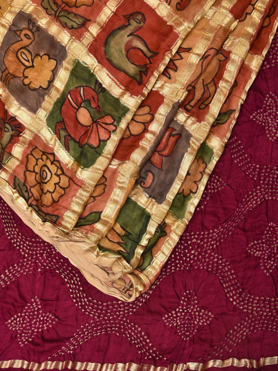Wine Bandhani Kanchipuram Silk Handloom Saree with All Over Checks and Kalamkari Design bn0485