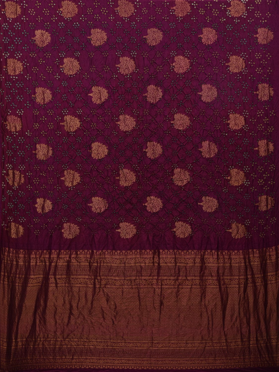 Wine Bandhani Kanchipuram Silk Handloom Saree with Tree Buta Design bn0349