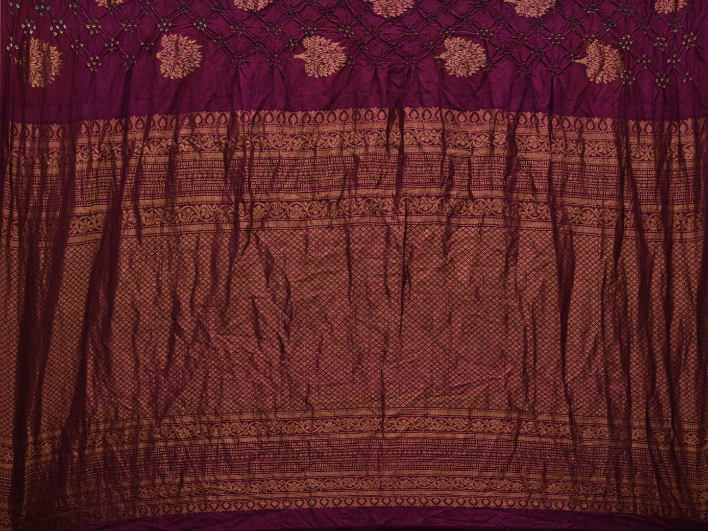 Wine Bandhani Kanchipuram Silk Handloom Saree with Tree Buta Design bn0349