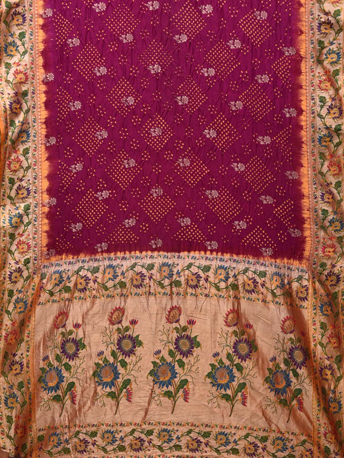 Wine Bandhani Paithani Silk Handloom Saree with Lotus Border and Pallu Design bn0472