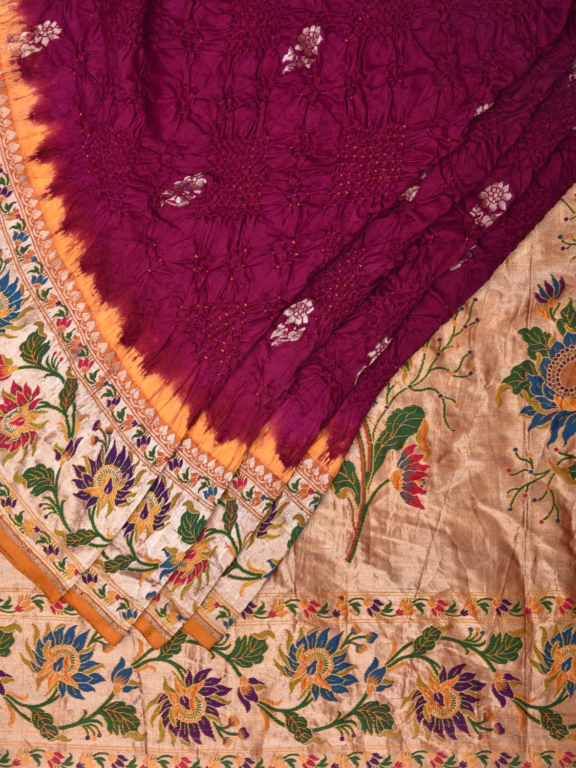 Wine Bandhani Paithani Silk Handloom Saree with Lotus Border and Pallu Design bn0472