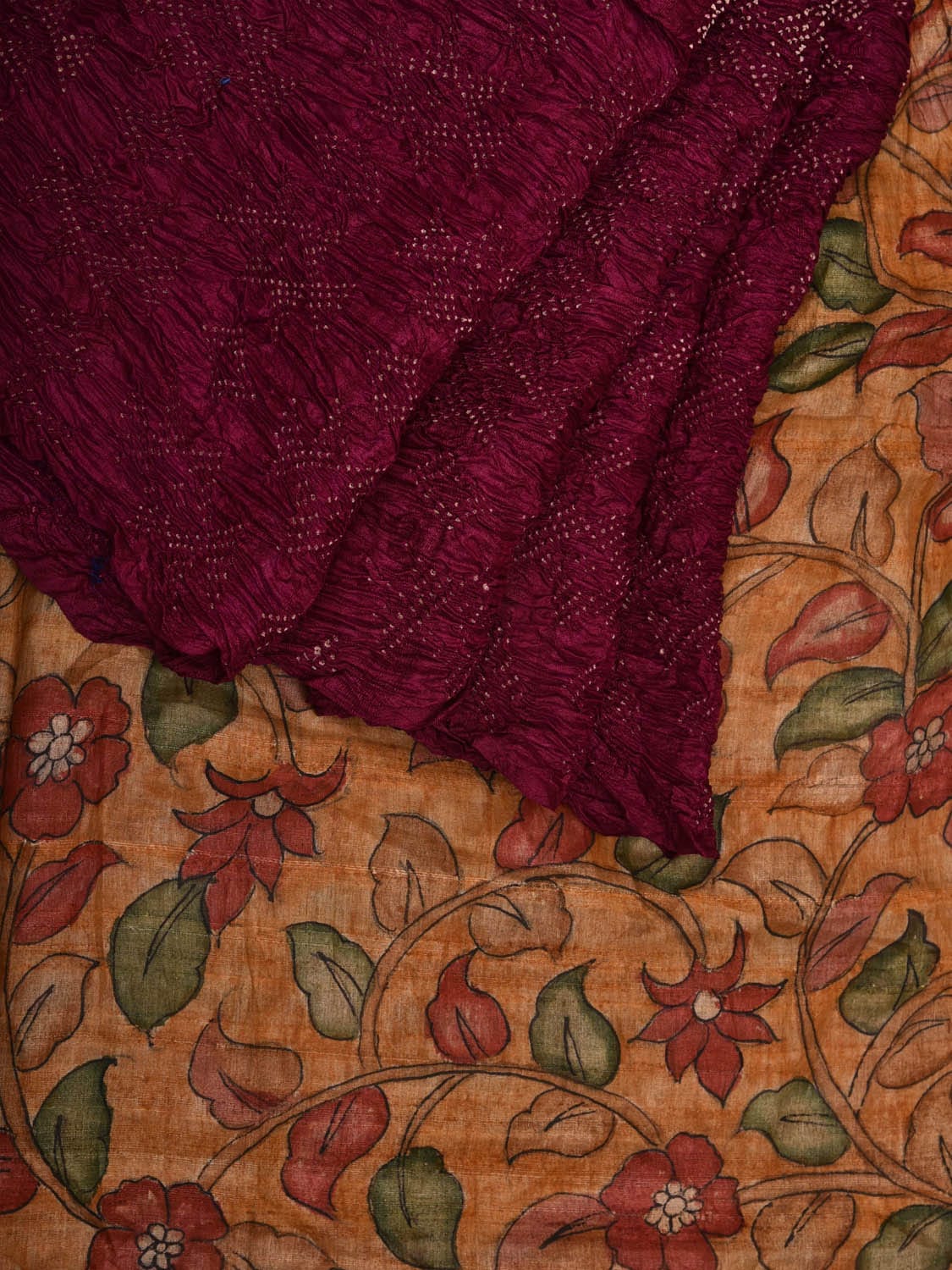 Wine Bandhani Tussar Handloom Saree with Kalamkari Pallu and Blouse Design bn0463