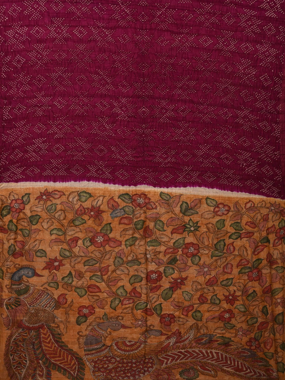 Wine Bandhani Tussar Handloom Saree with Kalamkari Pallu and Blouse Design bn0463
