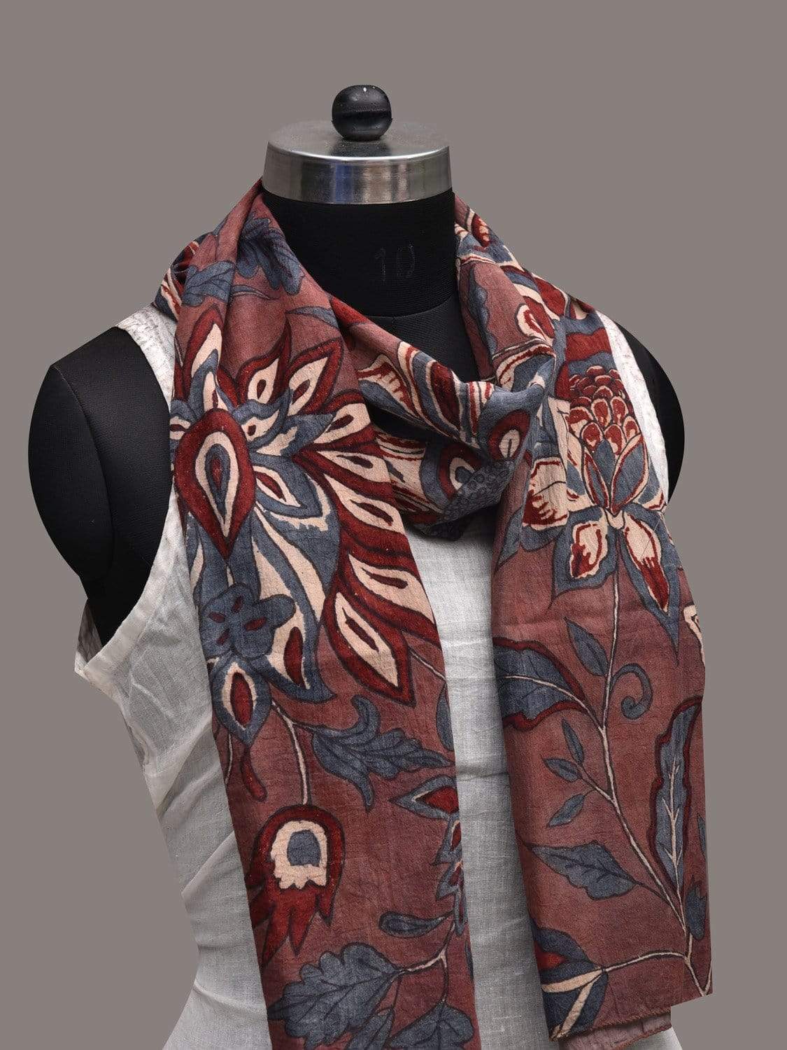 Wine Kalamkari Hand Painted Cotton Handloom Stole with Floral Design ds2563