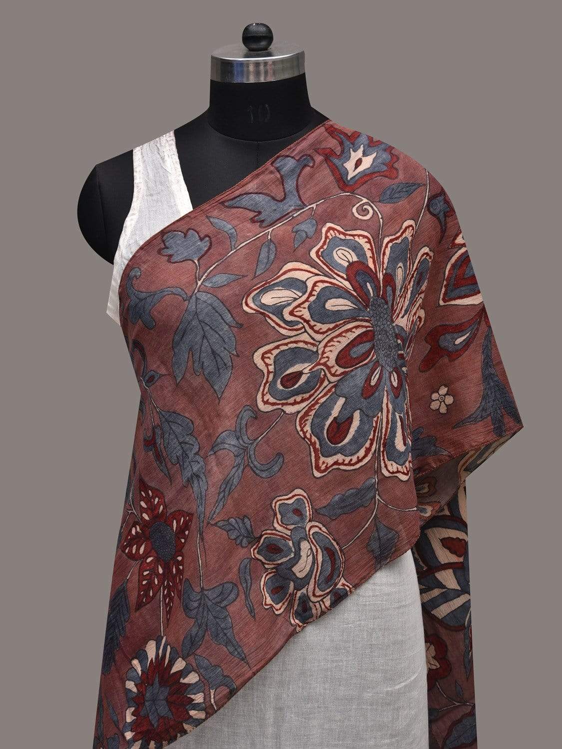 Wine Kalamkari Hand Painted Cotton Handloom Stole with Floral Design ds2563