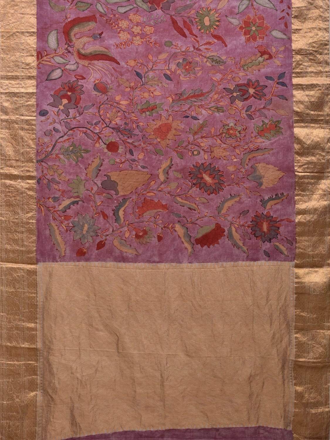 Wine Kalamkari Hand Painted Kanchipuram Silk Handloom Saree with Floral Design KL0563