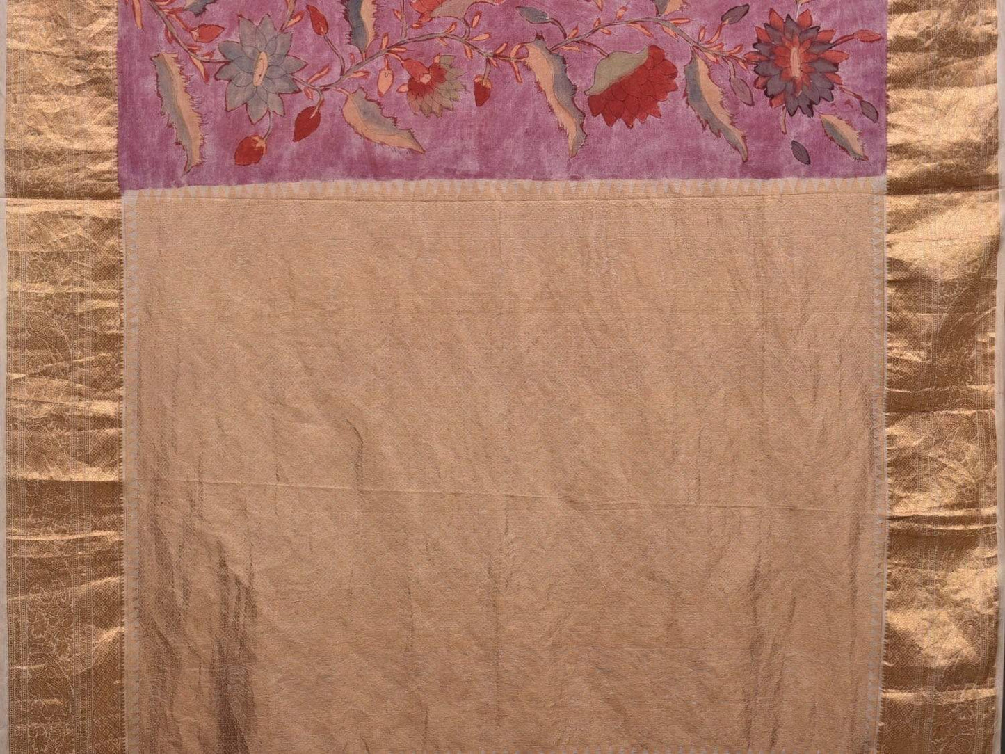 Wine Kalamkari Hand Painted Kanchipuram Silk Handloom Saree with Floral Design KL0563