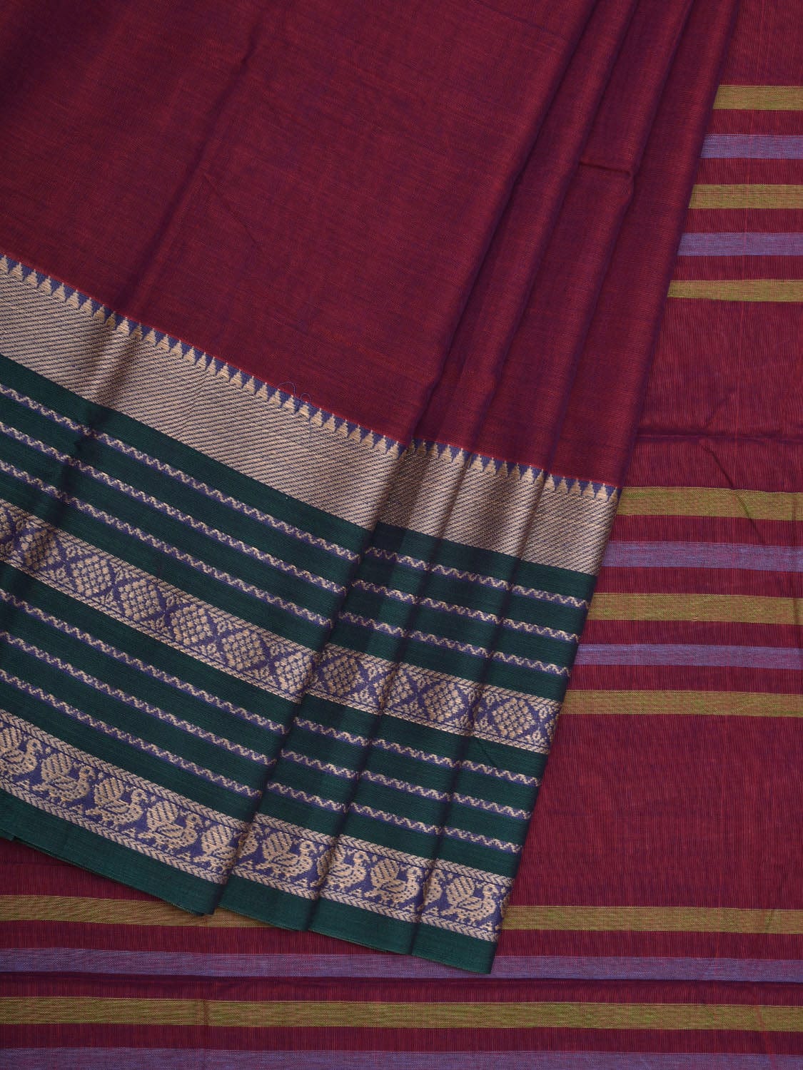 Wine Kanchi Cotton Plain Saree wtih One Side Border Design o0319