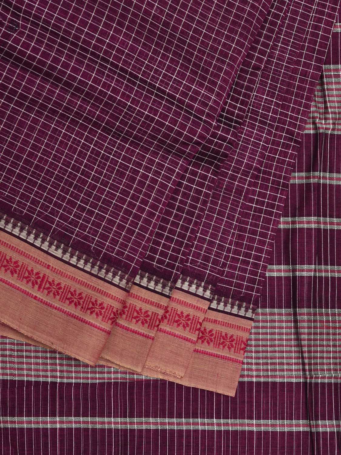 Wine Narayanpet Cotton Handloom Saree with Checks and Thread Border Design No Blouse np0490