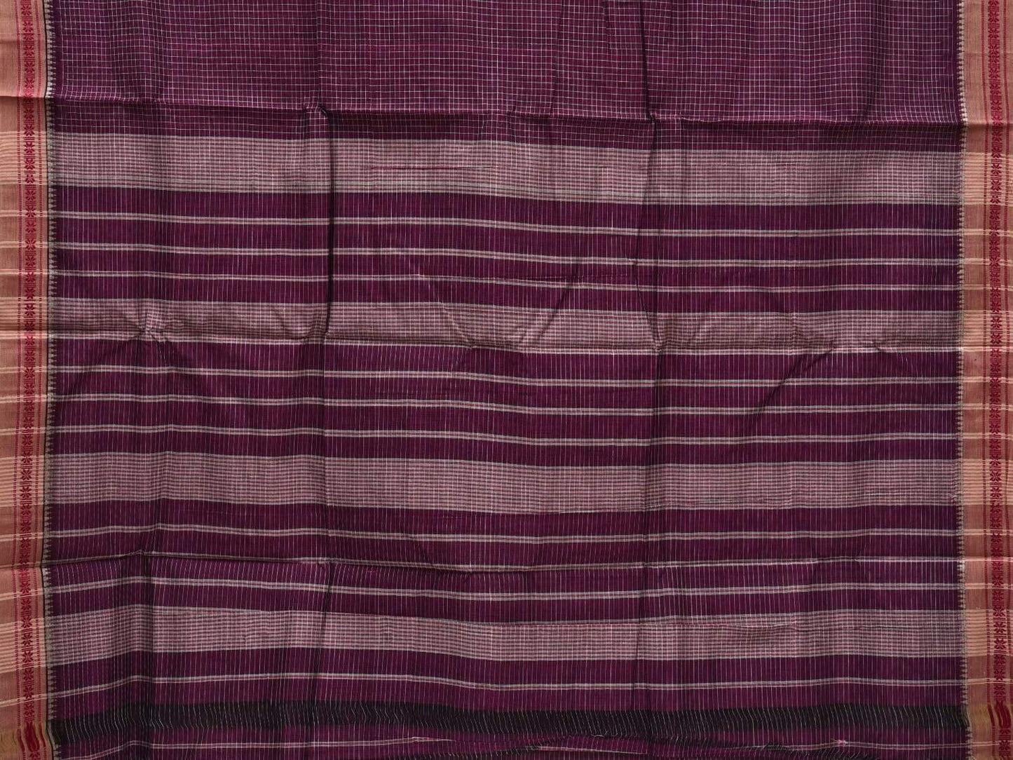 Wine Narayanpet Cotton Handloom Saree with Checks and Thread Border Design No Blouse np0490