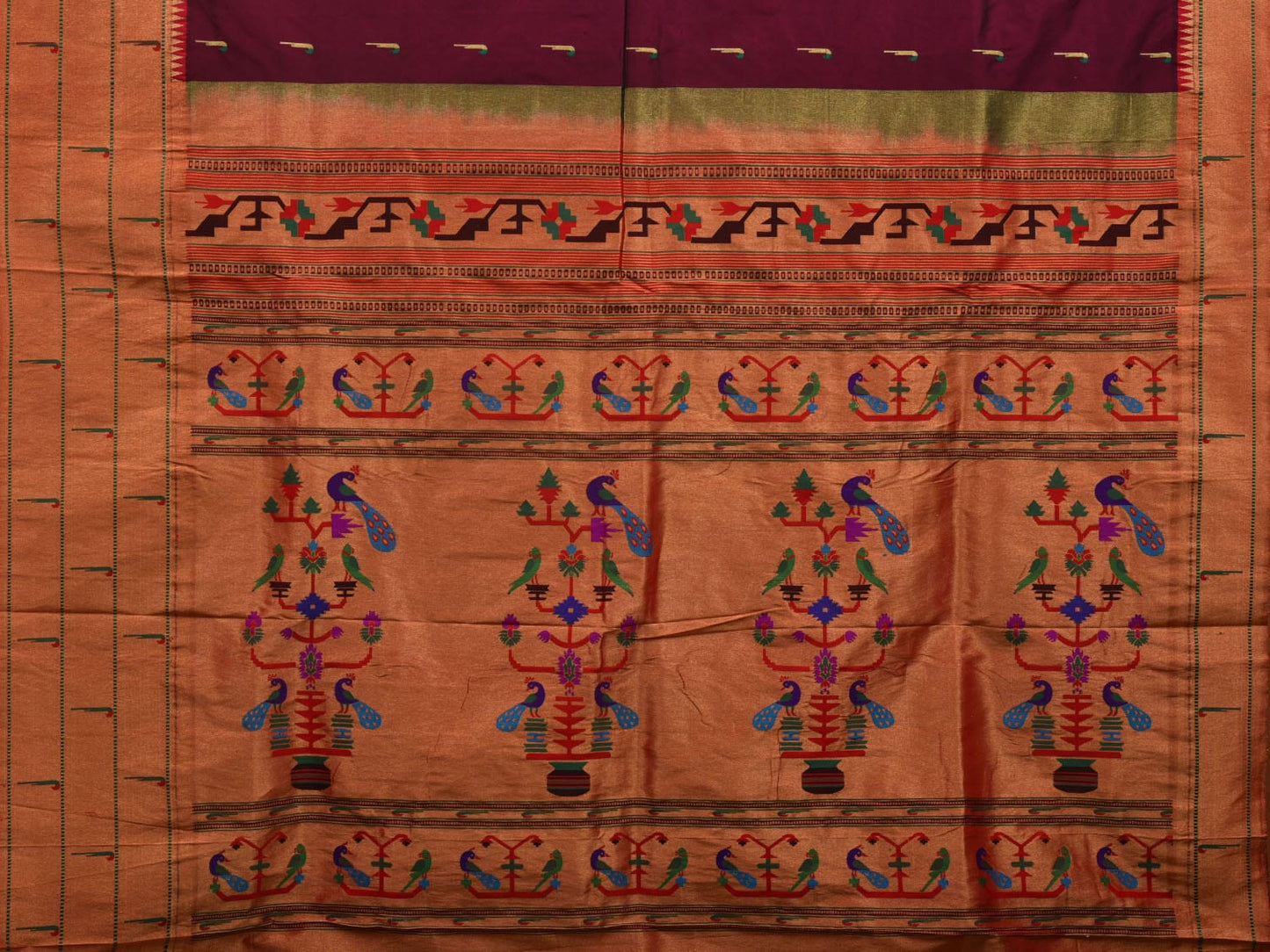 Wine Paithani Silk Handloom Saree with Pallu and Triple Muniya Border Design p0475