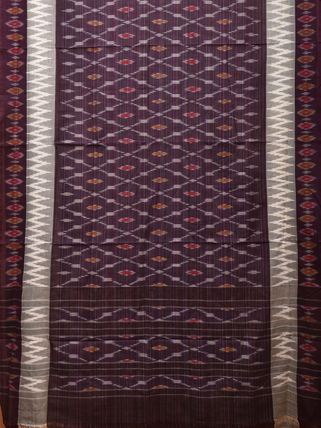 Wine Pochampally Ikat Cotton Handloom Saree with Grill Design No Blouse i0803