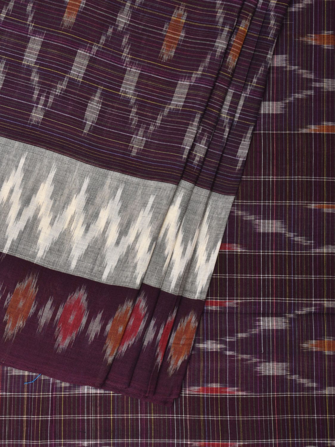 Wine Pochampally Ikat Cotton Handloom Saree with Grill Design No Blouse i0803