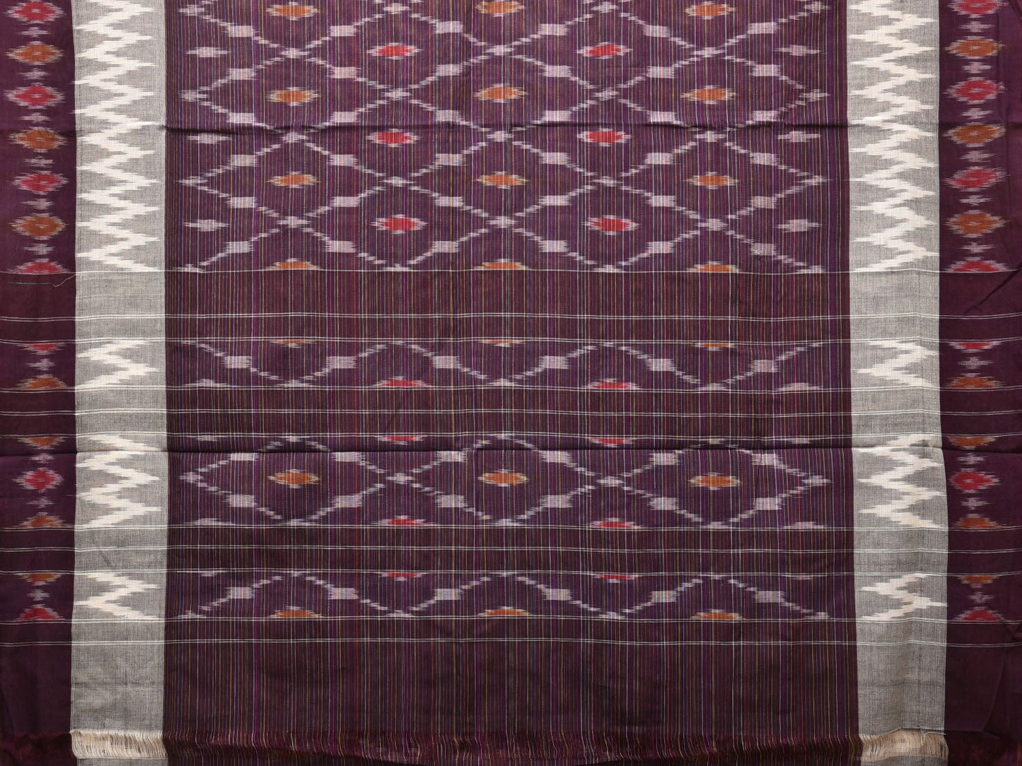 Wine Pochampally Ikat Cotton Handloom Saree with Grill Design No Blouse i0803