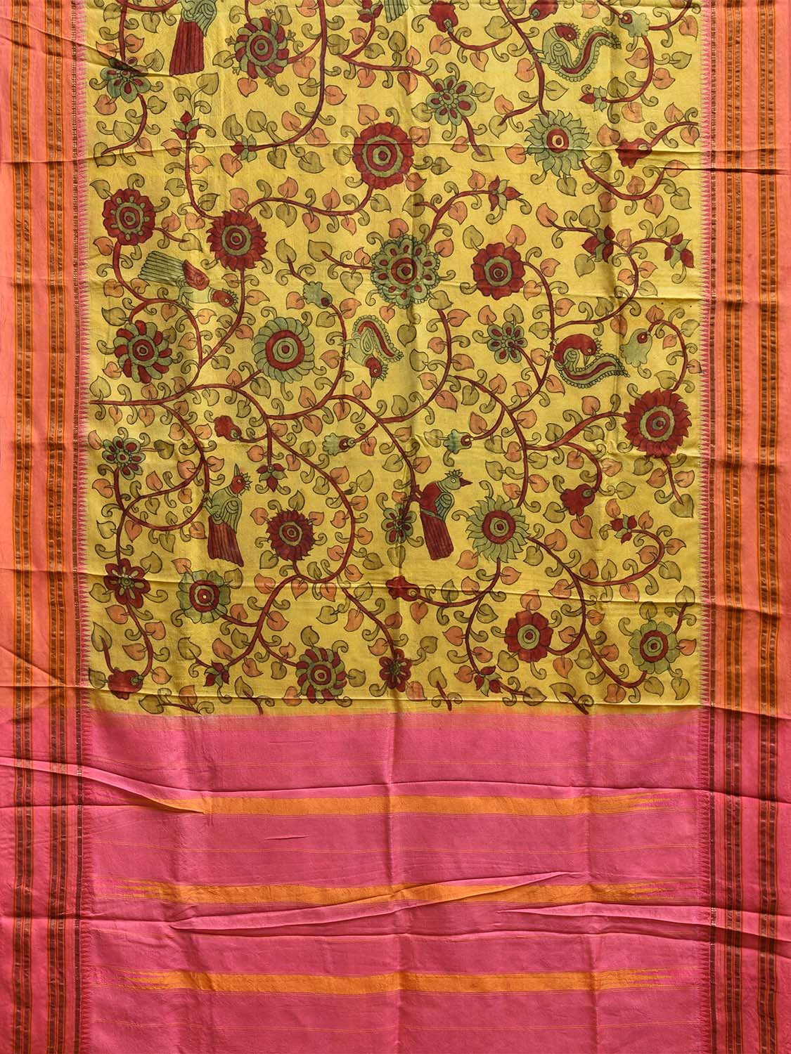 Yellow and Baby Pink Kalamkari Hand Painted Narayanpet Silk Handloom Saree with Floral and Birds Design No Blouse KL0796