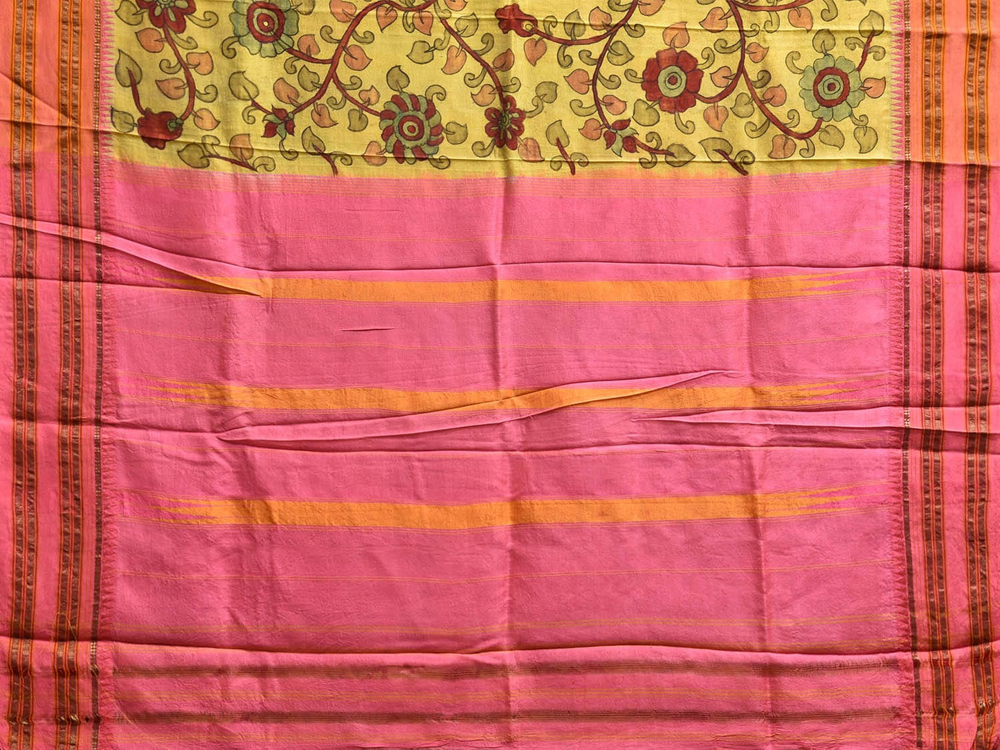 Yellow and Baby Pink Kalamkari Hand Painted Narayanpet Silk Handloom Saree with Floral and Birds Design No Blouse KL0796