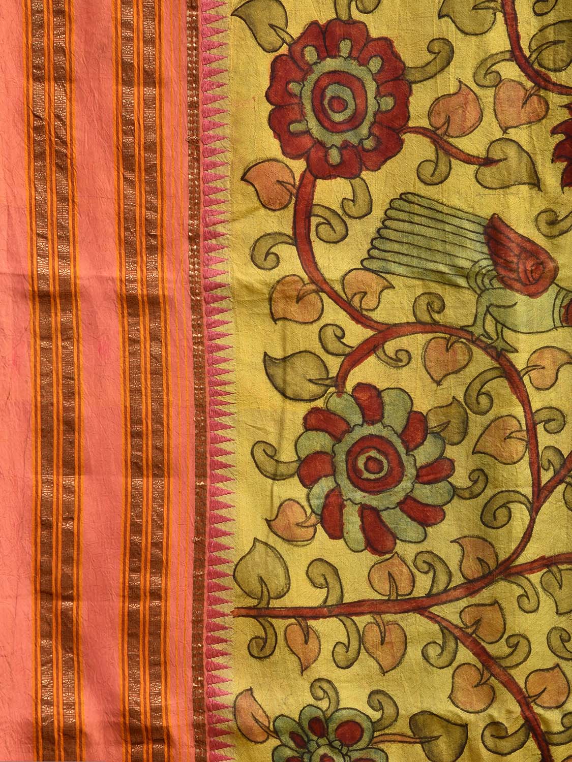 Yellow and Baby Pink Kalamkari Hand Painted Narayanpet Silk Handloom Saree with Floral and Birds Design No Blouse KL0796