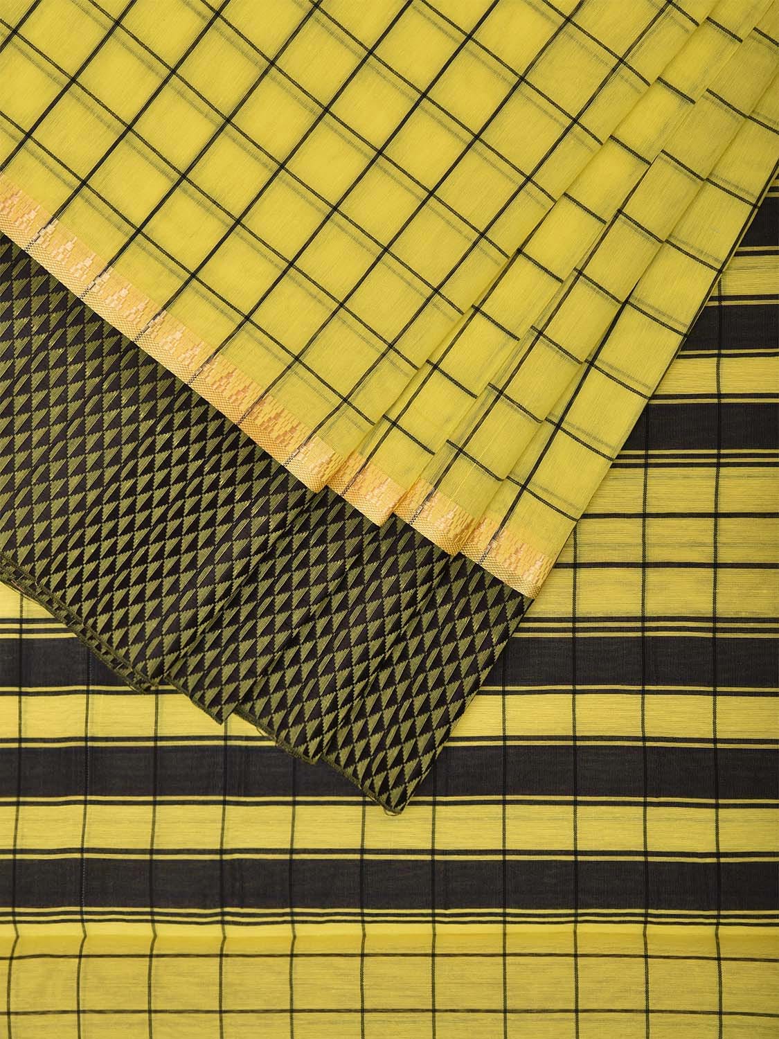 Yellow and Black Bamboo Cotton Saree with Big Checks Design No Blouse bc0620