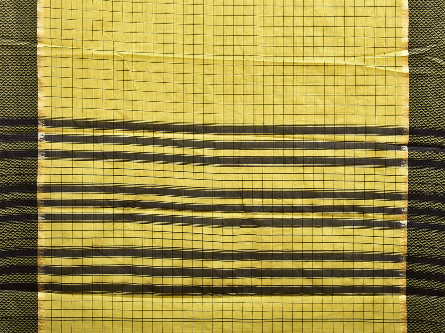 Yellow and Black Bamboo Cotton Saree with Big Checks Design No Blouse bc0620