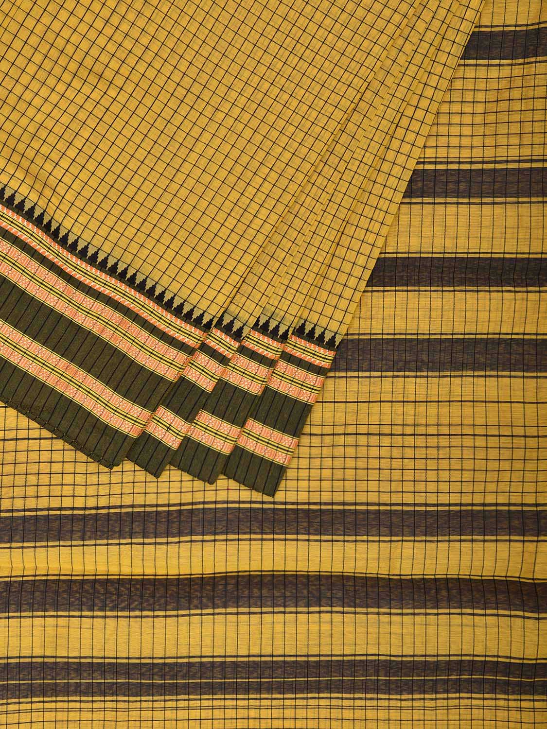 Yellow and Black Bamboo Cotton Saree with Checks Design No Blouse bc0665