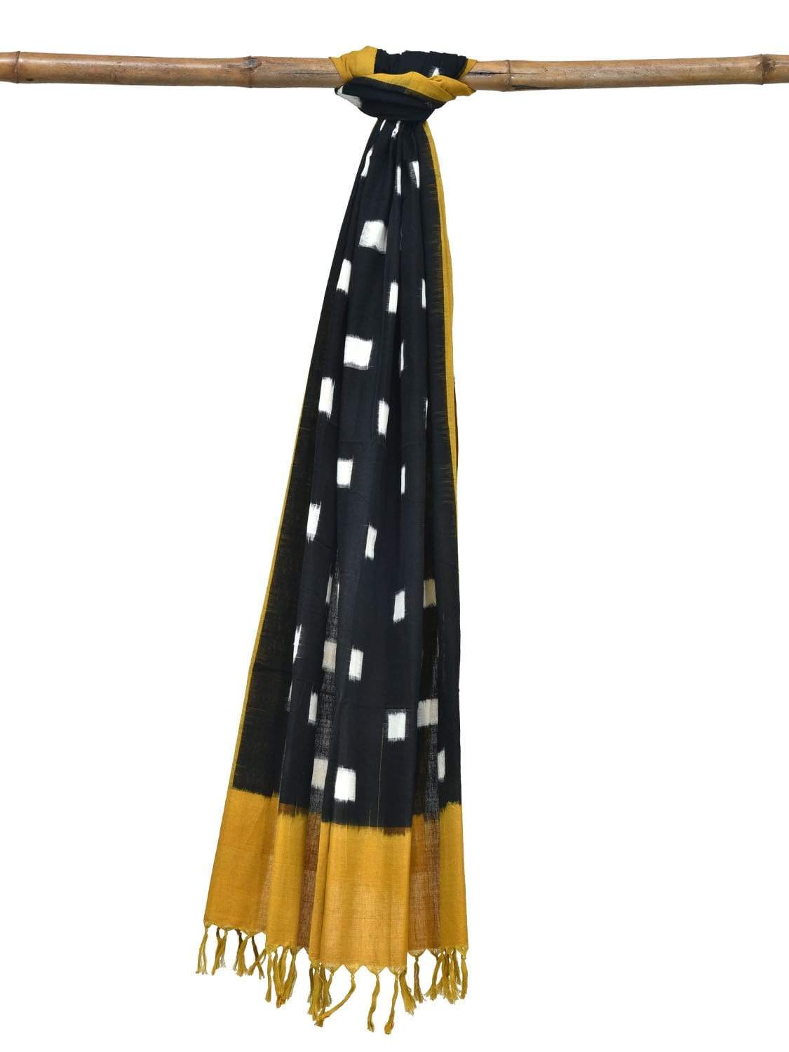 Yellow and Black Pochampally Ikat Cotton Handloom Dupatta with Square Buta Design ds1839