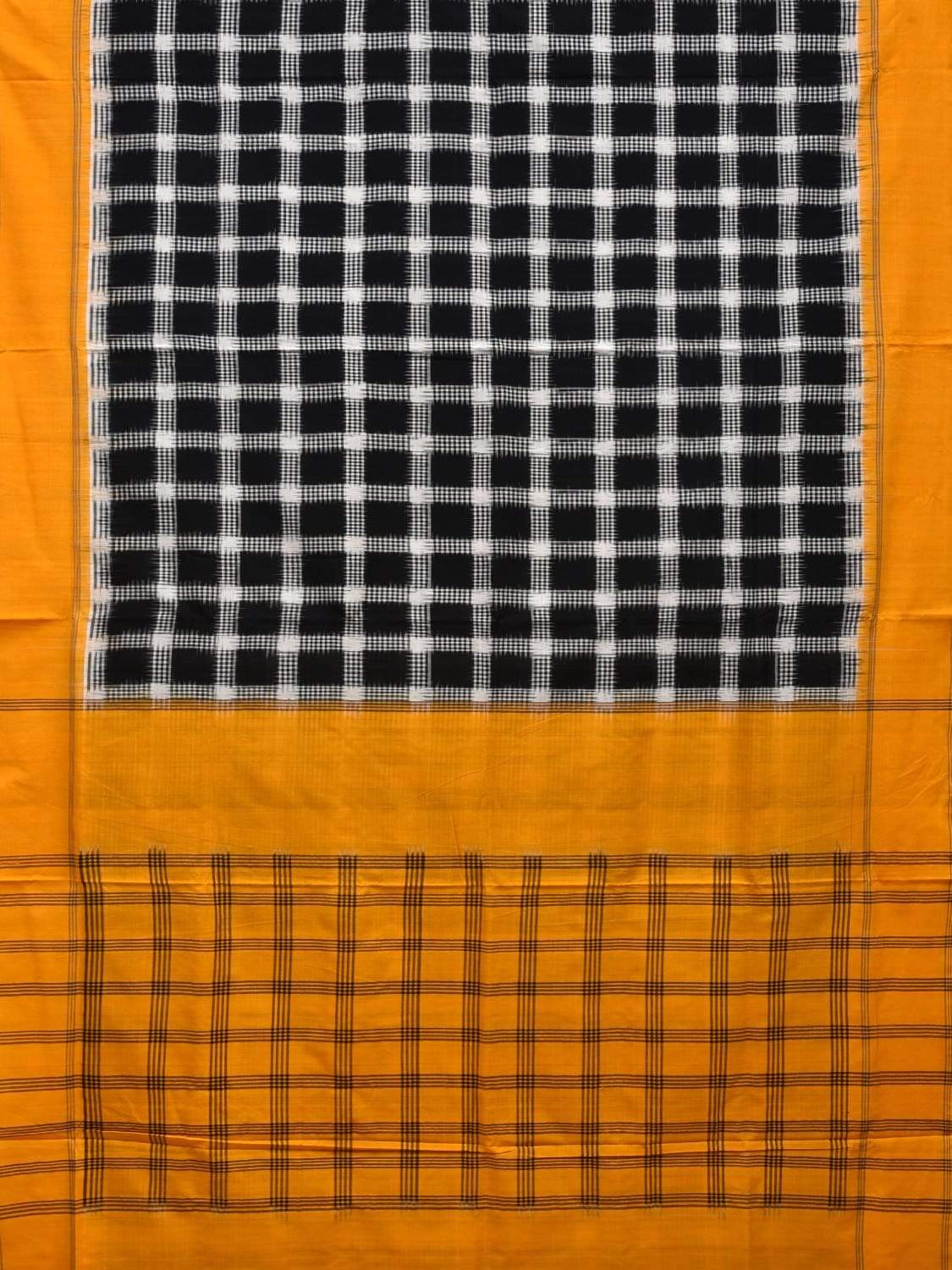 Yellow and Black Pochampally Ikat Cotton Handloom Saree with Checks Design i0595