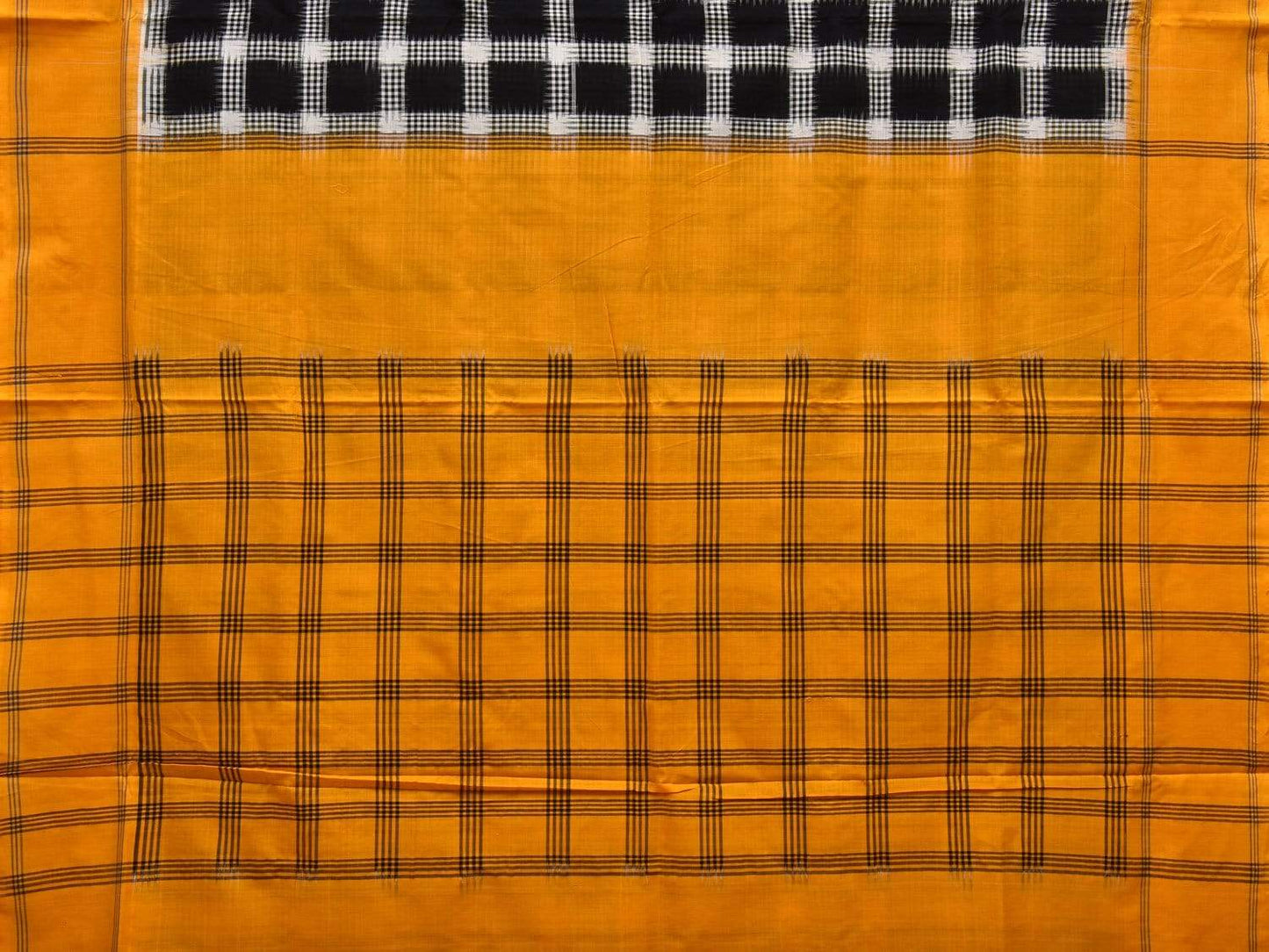Yellow and Black Pochampally Ikat Cotton Handloom Saree with Checks Design i0595