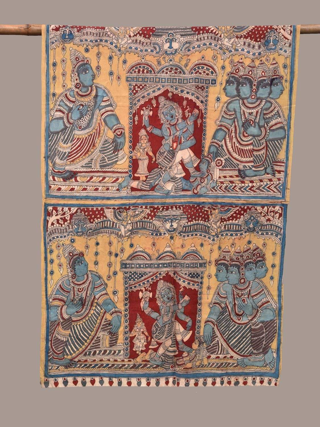 Yellow and Blue Kalamkari Hand Painted Cotton Handloom Dupatta with Mythology Design ds2227