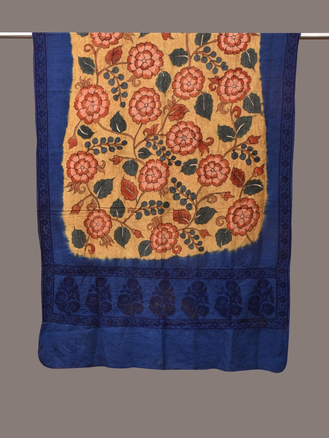 Yellow and Blue Kalamkari Hand Painted Cotton Tussar Cotton Handloom Dupatta with Floral and Embroidery Design ds3498