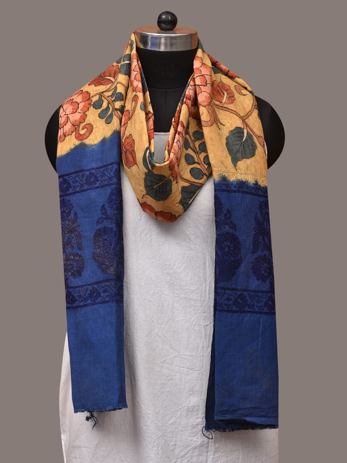 Yellow and Blue Kalamkari Hand Painted Cotton Tussar Cotton Handloom Dupatta with Floral and Embroidery Design ds3498