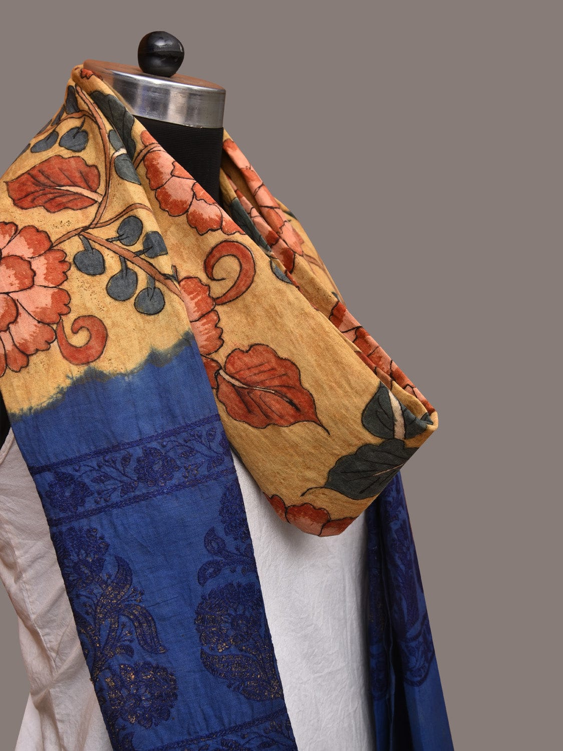 Yellow and Blue Kalamkari Hand Painted Cotton Tussar Cotton Handloom Dupatta with Floral and Embroidery Design ds3498