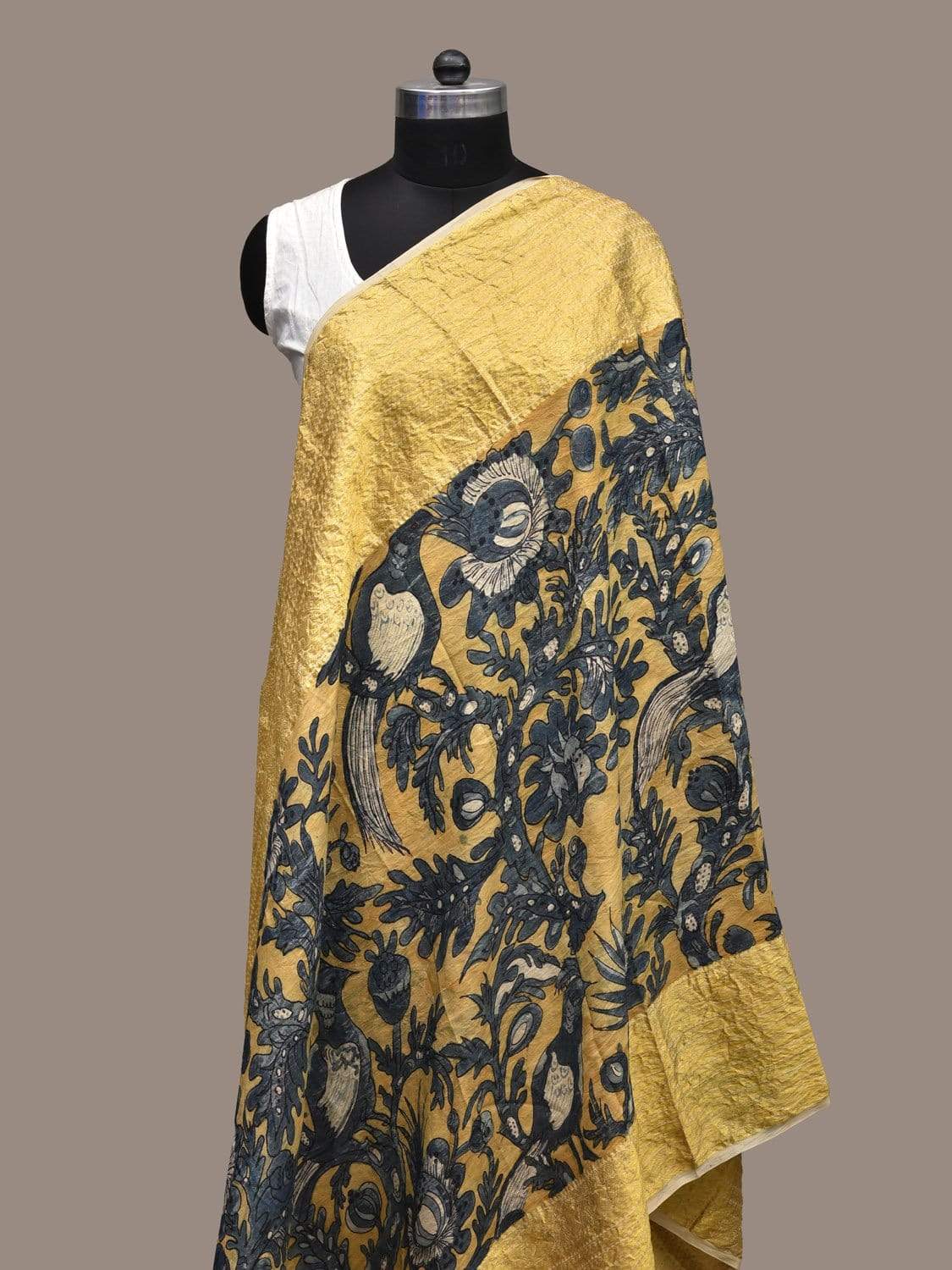 Yellow and Blue Kalamkari Hand Painted Kanchipuram Silk Handloom Dupatta with Birds and Flowers Design ds2235