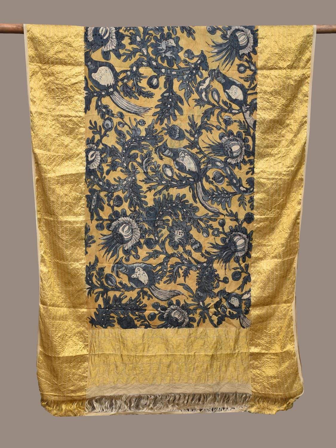 Yellow and Blue Kalamkari Hand Painted Kanchipuram Silk Handloom Dupatta with Birds and Flowers Design ds2235