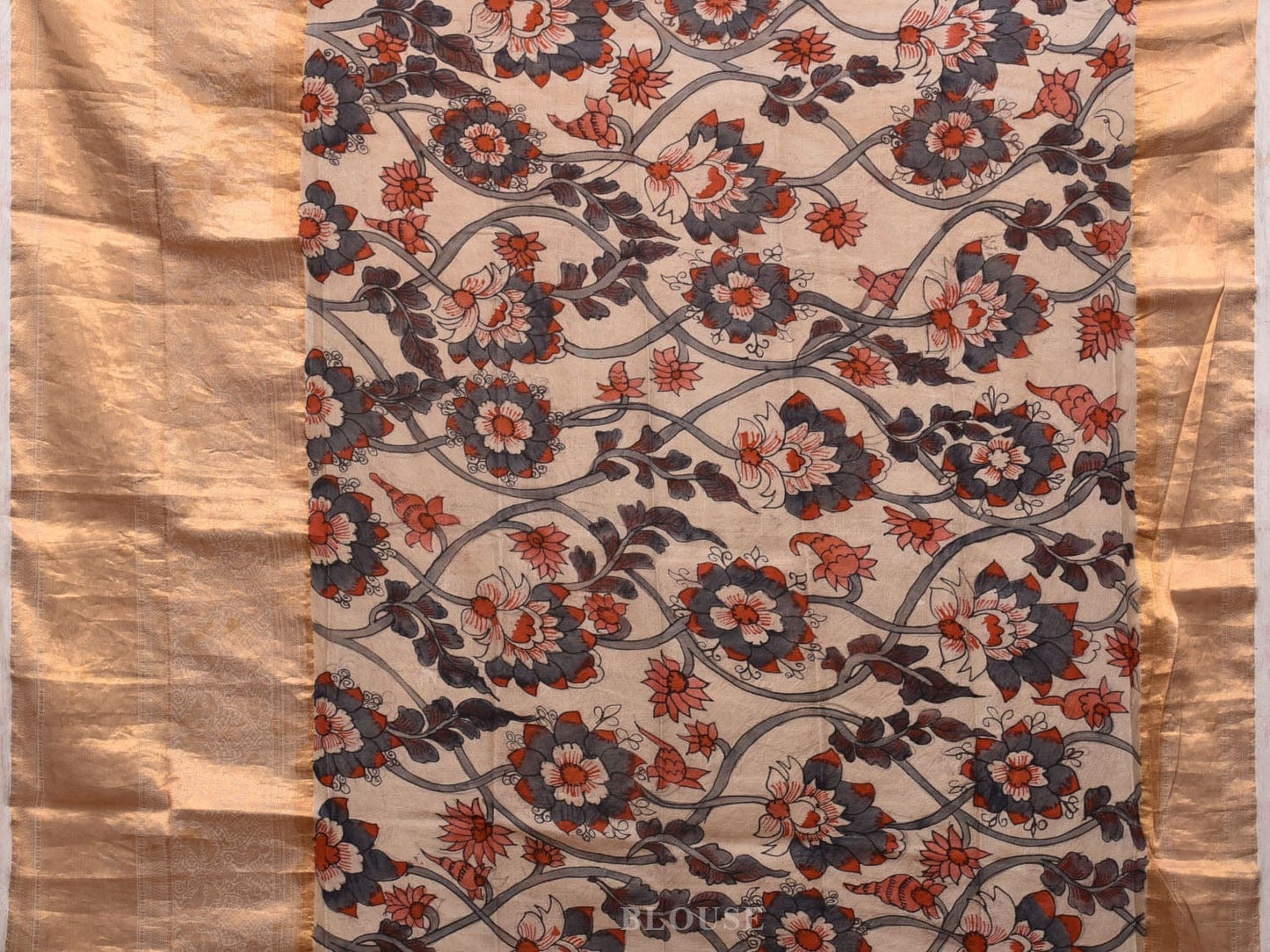 Yellow and Blue Kalamkari Hand Painted Kanchipuram Silk Handloom Saree with Floral and Peacocks Pallu Design KL0639