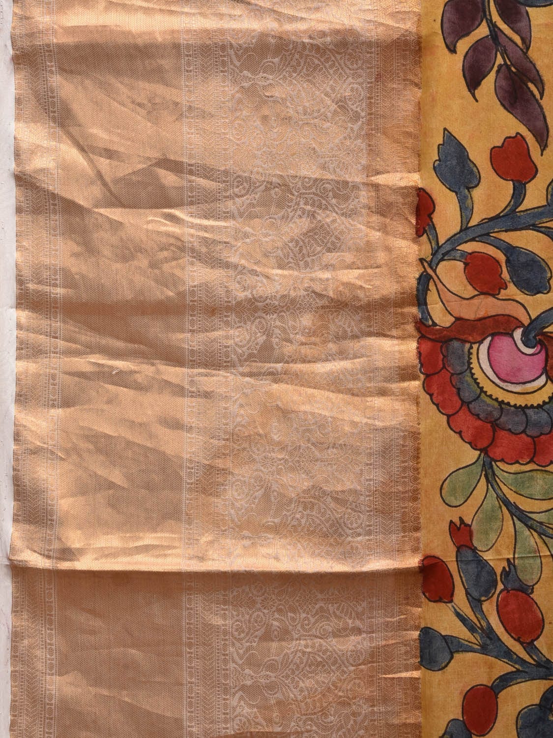 Yellow and Blue Kalamkari Hand Painted Kanchipuram Silk Handloom Saree with Floral and Peacocks Pallu Design KL0639