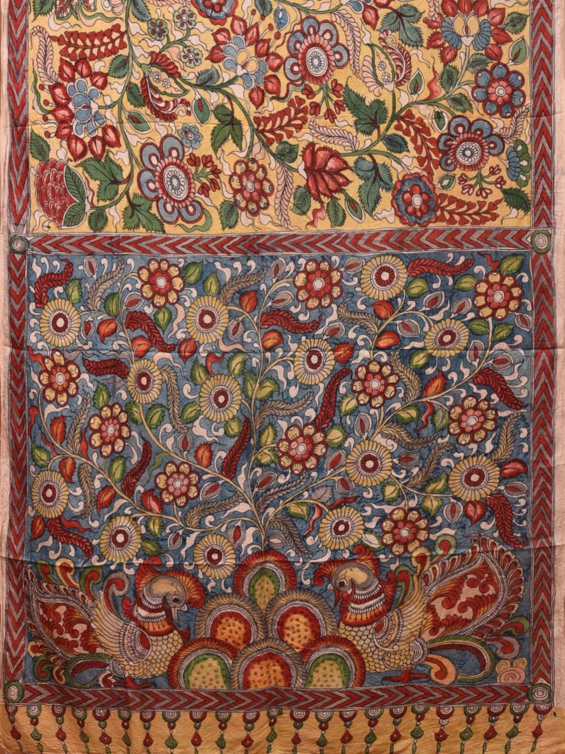 Yellow and Blue Kalamkari Silk Handloom Saree with Floral and Peacocks Pallu Design KL0746