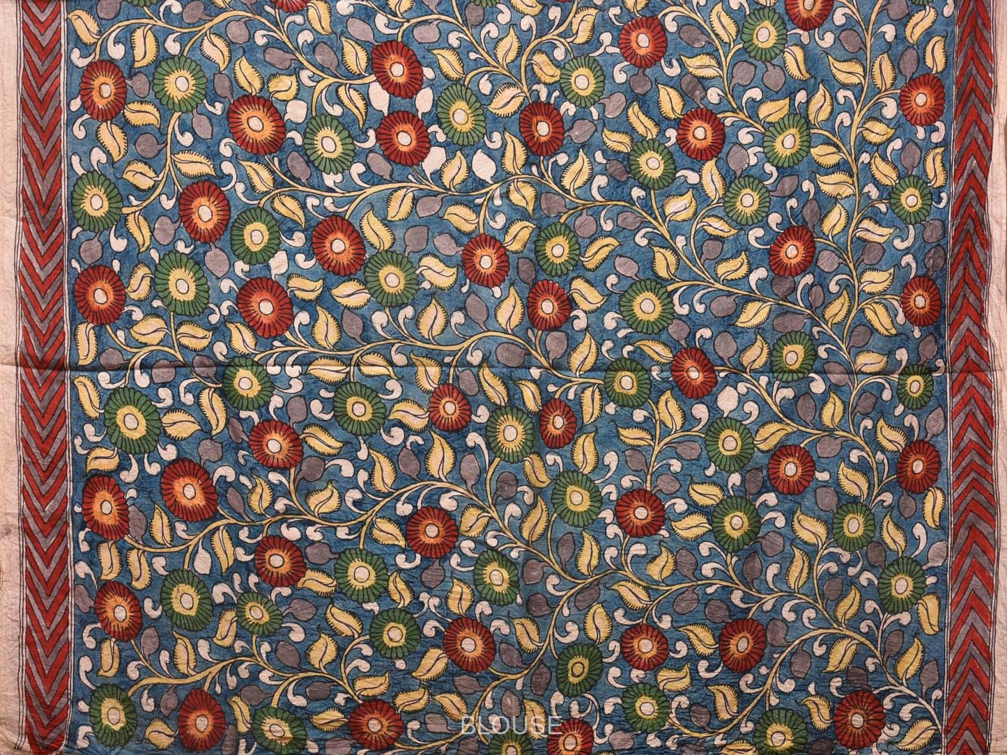 Yellow and Blue Kalamkari Silk Handloom Saree with Floral and Peacocks Pallu Design KL0746